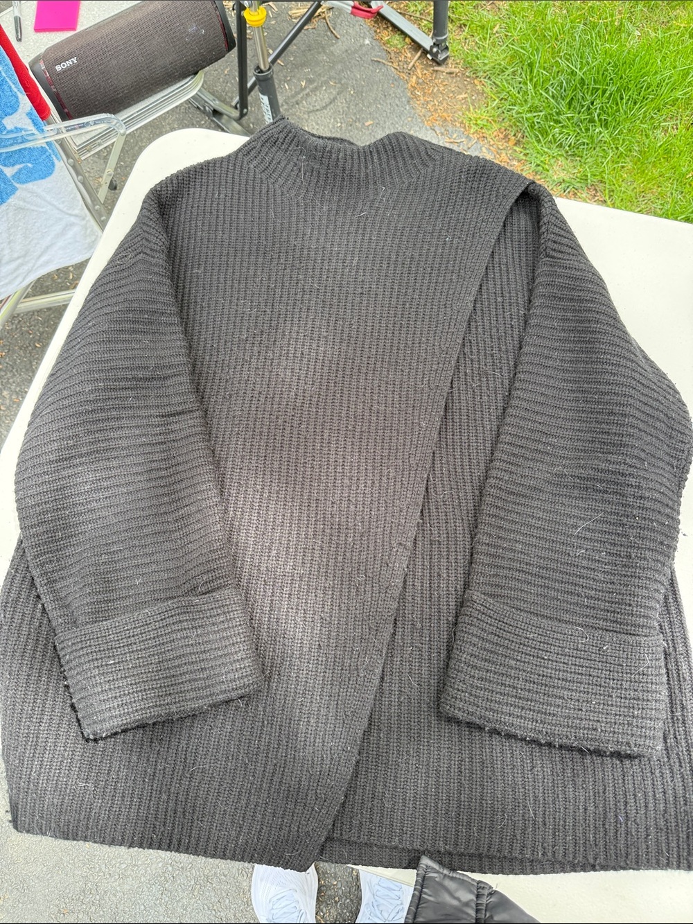 Athleta Women’s Black Ribbed Crewneck Sweater, asymmetrical
